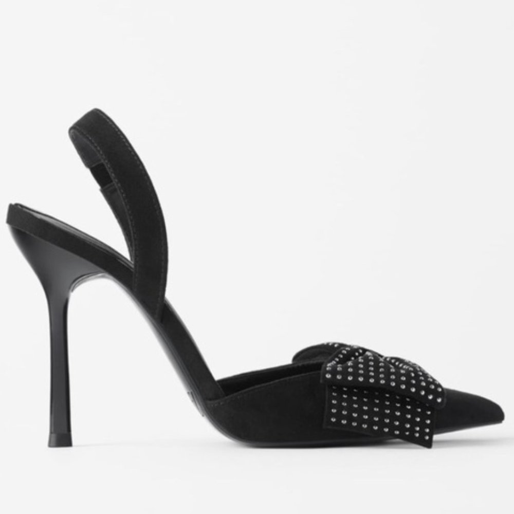New!! ZARA Black Faux Suede Studded Bow Slingback Heels 8.5M